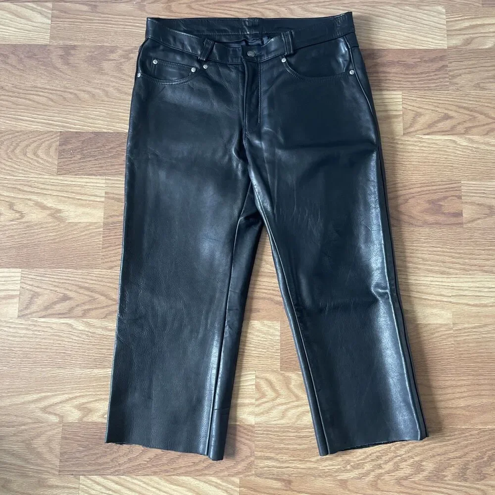 Schott NYC 600 Cowhide Men Leather Chopped  Black Motorcycle Pant Made In USA